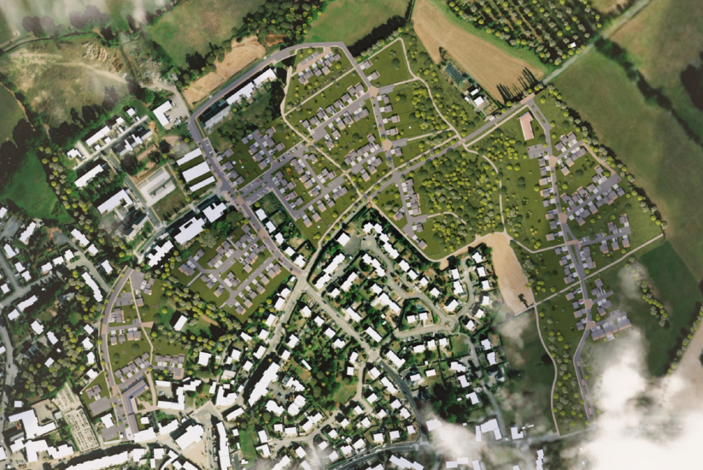 Plan 3D en vue aérienne de la ZAC des Boschaux par le bureau d'étude Sitadiñ